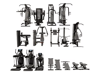 Various Types Of Professional Fitness Equipment With Multifunctional Training Machines And Benches 3d model