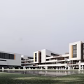 Modern School Building With Geometric Staircases White Brown Facade And Outdoor Lawn Area