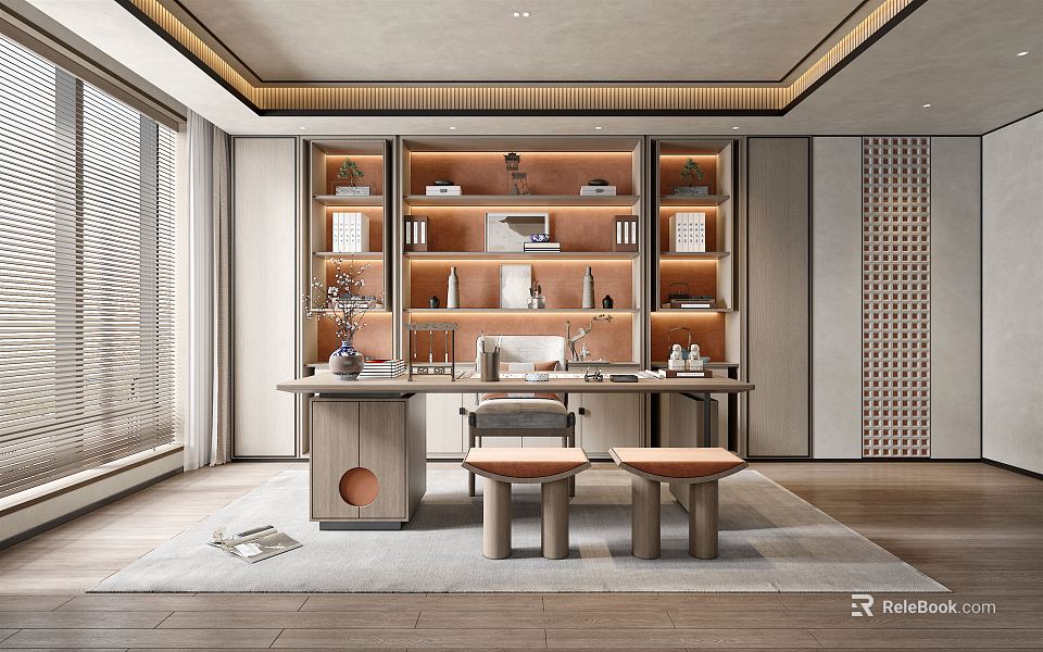 Modern Study Room Interior With Wooden Bookshelves Writing Desk And Decorative Items 3d model 