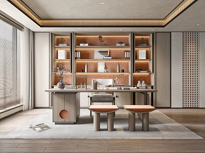 Modern Study Room Interior With Wooden Bookshelves Writing Desk And Decorative Items 3d model