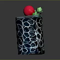 Small Green Plant With Red Top In Black Pot Featuring White Circular Patterns