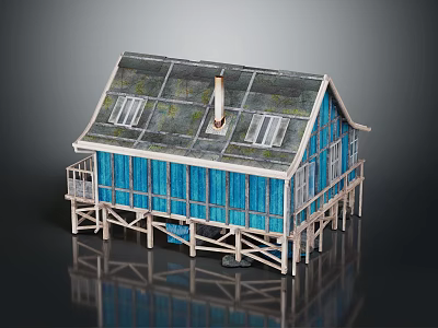 Small Blue House Building on Stilts with Sloped Mossy Roof Skylights and Balcony 3d model