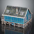 Small Blue House Building on Stilts with Sloped Mossy Roof Skylights and Balcony