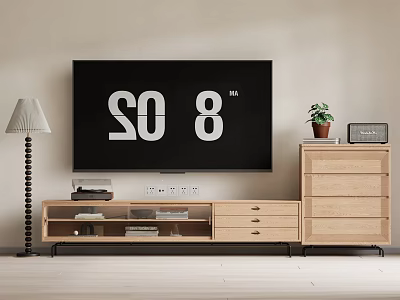 Modern Wooden TV Stand with TV Drawers Open Shelves Floor Lamp and Potted Plant 3d model