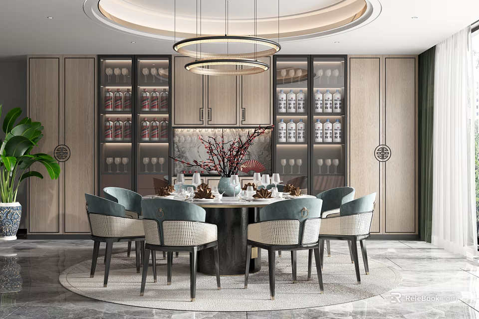 Modern Restaurant Interior With Round Dining Table Gray Chairs And Pendant Lights 3d model 