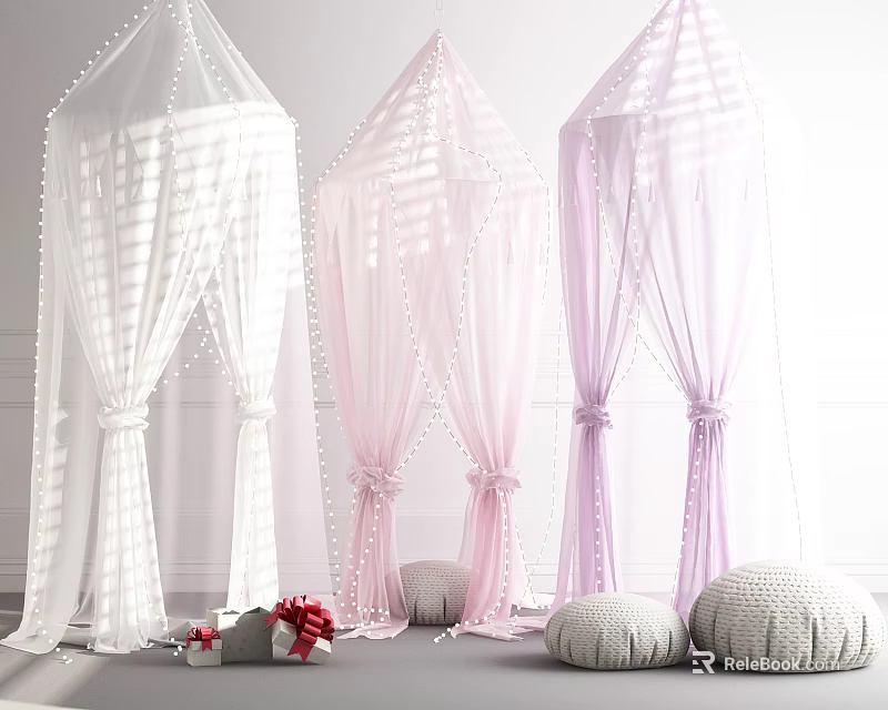 Decorative Bed Canopy Curtains in White Pink Purple with Ribbon Ties and Poufs 3d model 
