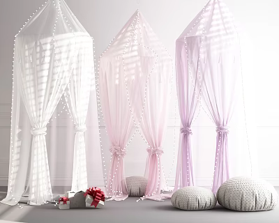 Decorative Bed Canopy Curtains in White Pink Purple with Ribbon Ties and Poufs 3d model