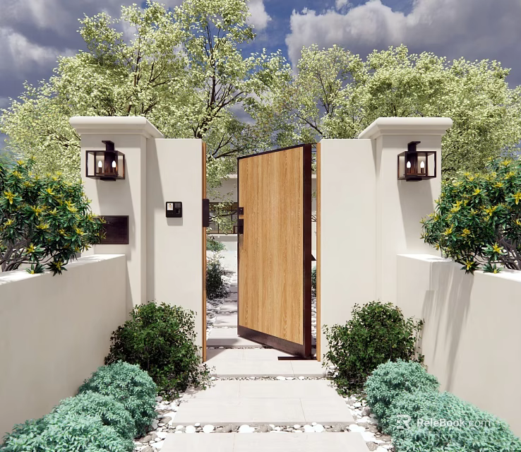 Modern Entrance Gateway With Wooden Door White Walls Lanterns And Green Plants 3d model 