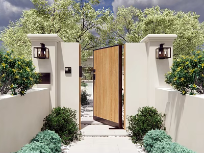Modern Entrance Gateway With Wooden Door White Walls Lanterns And Green Plants 3d model