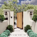 Modern Entrance Gateway With Wooden Door White Walls Lanterns And Green Plants