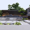 Traditional Courtyard Garden Design With Stone Pavement Circular Center Green Plants And Water Feature