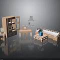 Green Plant On Small Table In 3D Rendered Furniture Set With Bookshelf Desk And Sofa