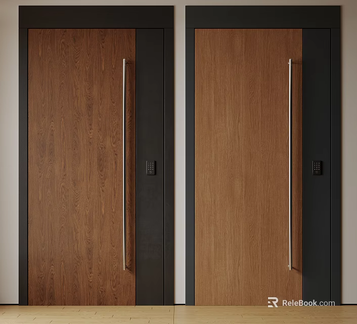 Wooden Texture Security Door With Metal Handle And Security Lock Panel 3d model 
