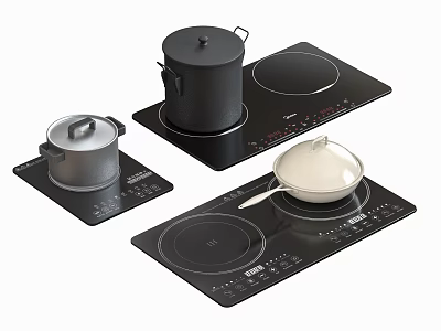 Sleek Black Induction Cooktops As Kitchen Appliances With Pots And Pans 3d model