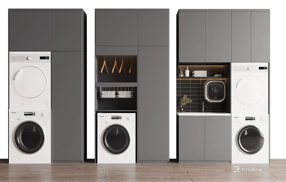 Gray Bathroom Cabinet Rack With Washing Machine Clothes Hanging Area Storage Shelf Small Items Plants 3d model 