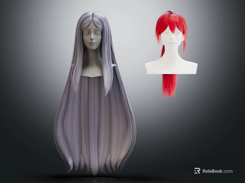 Human Head Mannequin Showcasing Long Gray Straight Wig And Short Red Hairpiece 3d model 