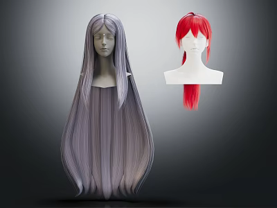 Human Head Mannequin Showcasing Long Gray Straight Wig And Short Red Hairpiece 3d model