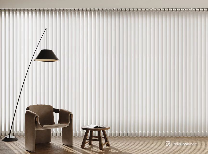 Vertical Blinds in Modern Interior with Armchair Wooden Stool and Floor Lamp 3d model 