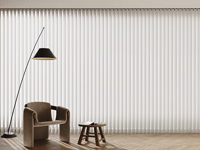 Vertical Blinds in Modern Interior with Armchair Wooden Stool and Floor Lamp 3d model