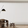 Vertical Blinds in Modern Interior with Armchair Wooden Stool and Floor Lamp