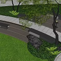 Serene Park Landscape With Lush Green Grass Curved Pathway Trees And Stone Benches