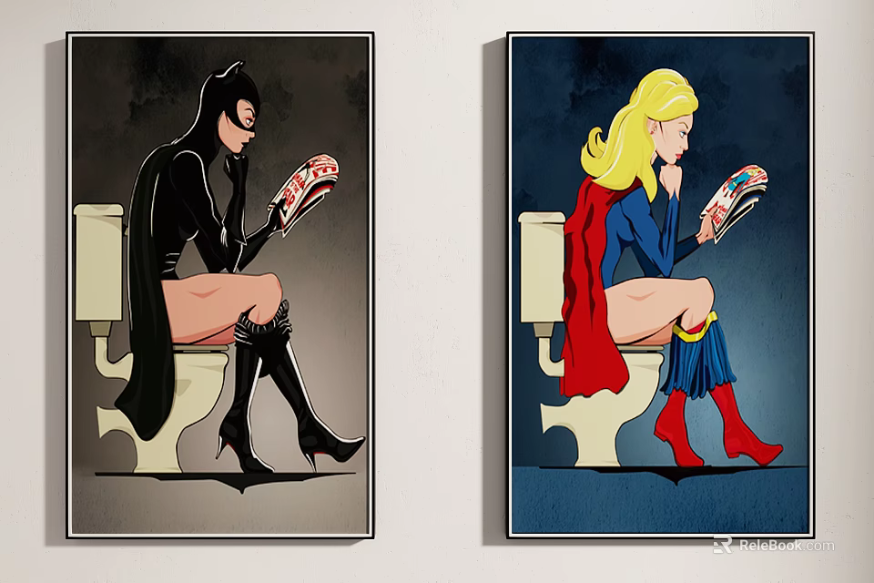 Two Portrait Paintings of Female Characters Sitting on Toilet Reading Magazine with Superhero Style Outfits 3d model 