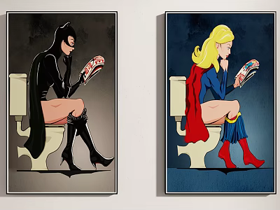 Two Portrait Paintings of Female Characters Sitting on Toilet Reading Magazine with Superhero Style Outfits 3d model