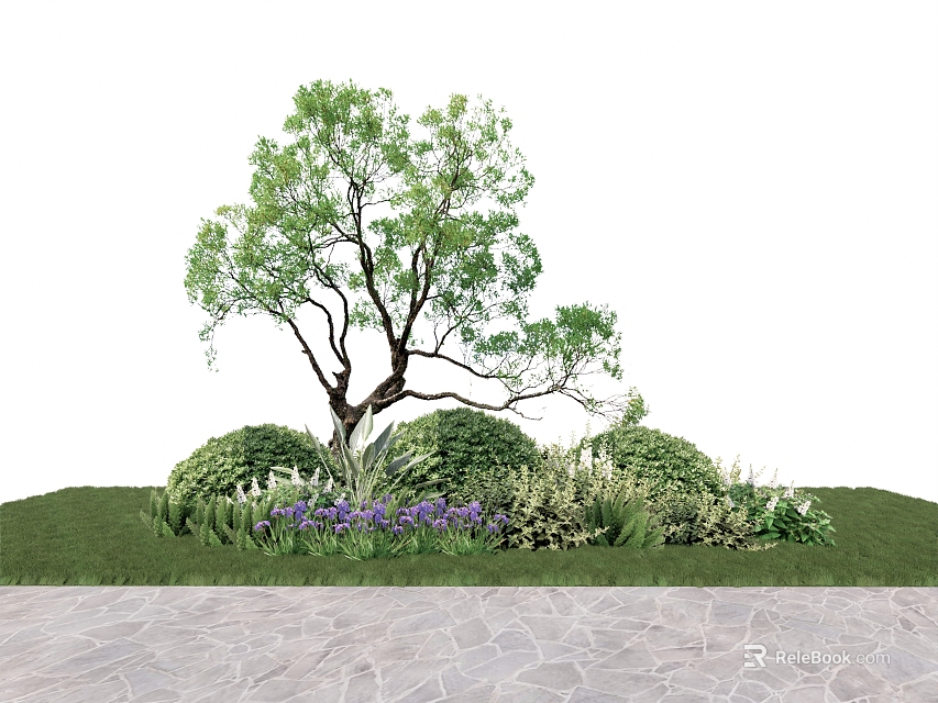 Branched Trunk Tree With Green Foliage Low Shrubs Purple Flowers Grass And Stone Path 3d model 
