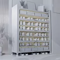 Dark Wood Shoe Cabinet With Multiple Shelves Holding Sneakers Casual Shoes And Storage Boxes