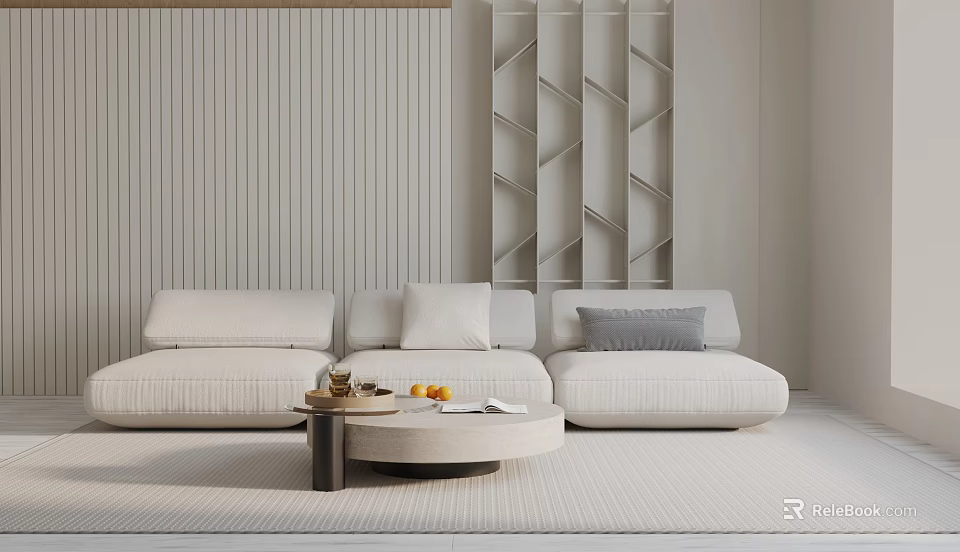 Modern Minimalist White Three-Seater Sofa With Coffee Table In Living Room And Striped Wall 3d model 