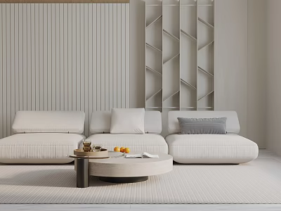 Modern Minimalist White Three-Seater Sofa With Coffee Table In Living Room And Striped Wall 3d model