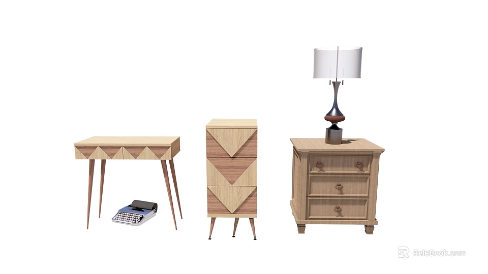 Modern Wooden Bedside Table With Geometric Patterns Drawers And Table Lamp 3d model 