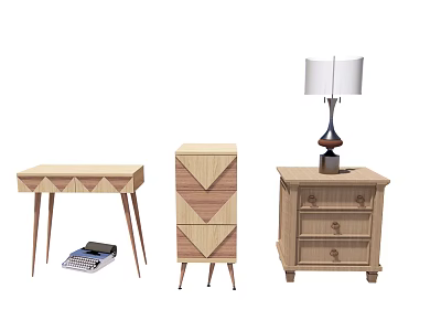 Modern Wooden Bedside Table With Geometric Patterns Drawers And Table Lamp 3d model