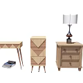 Modern Wooden Bedside Table With Geometric Patterns Drawers And Table Lamp