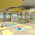 Bright Kindergarten Interior With Colorful Mats Balls Cloud Decorations And Circular Ceiling 3d model
