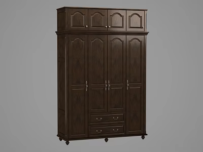 Classic Dark Wood Armoire With Decorative Panels Multiple Doors And Drawers On Casters 3d model