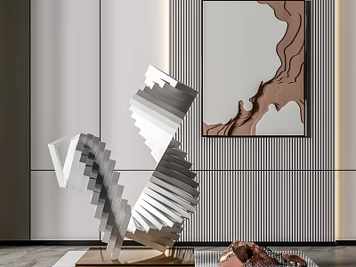 Modern Silver Metal Geometric Sculpture Stacked With Decorative Art In Gray Wall Background 3d model
