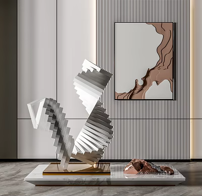 Modern Silver Metal Geometric Sculpture Stacked With Decorative Art In Gray Wall Background 3d model