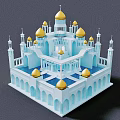 Cartoon Blue Building Scene With Golden Domes And Tall Minarets