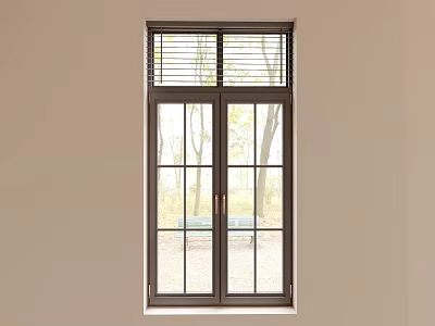 Brown Frame Double Casement Window With Clear Glass And Natural Outdoor View 3d model