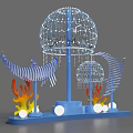 Decorative Installation With Blue Base Spherical Ornaments Fishbone Structures Flame Shaped Decor And White Lights 3d model