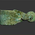 Green Patina Metallic Sculpture With Curved Structure Circular Ornament And Spherical Base