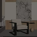 Comfortable Modern Accent Chair With Beige Cushion Black Frame And Marble Wall Art