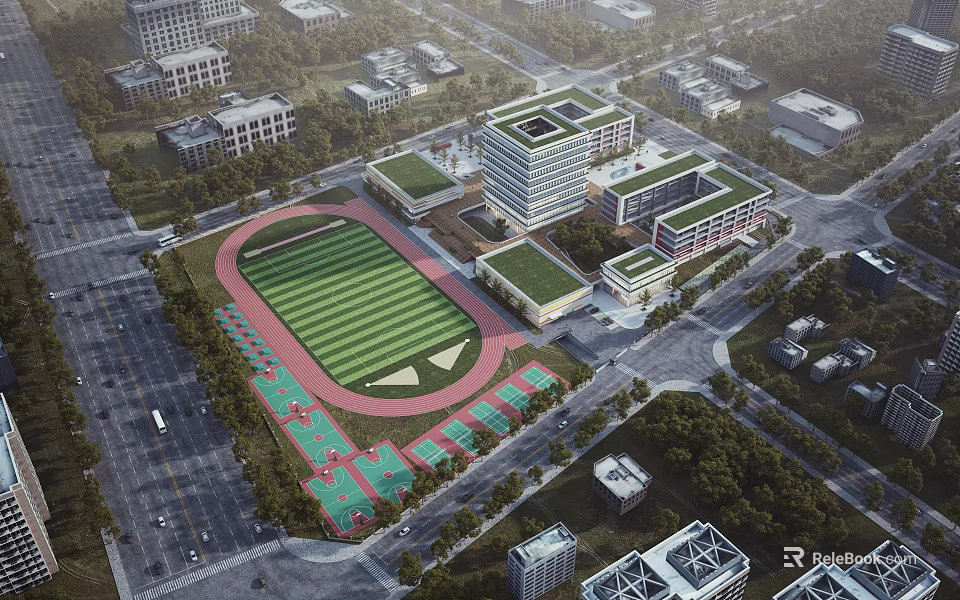 Aerial View of Modern School Buildings with Athletic Track and Greenery 3d model 