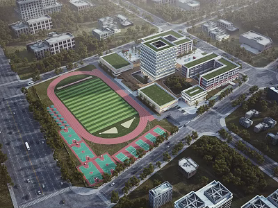 Aerial View of Modern School Buildings with Athletic Track and Greenery 3d model