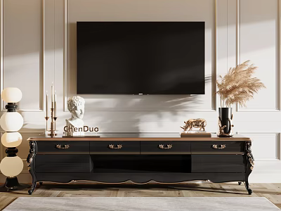 Elegant Black Brown TV Stand with Drawers Candles Statue and Pampas Grass on White Wall 3d model