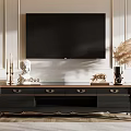 Elegant Black Brown TV Stand with Drawers Candles Statue and Pampas Grass on White Wall