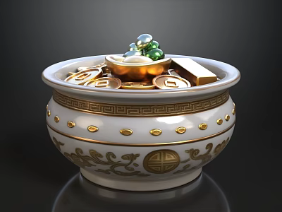 Chinese Traditional Decorative Ceramic Basin With Gold Accents Copper Coins And Jade Beads 3d model