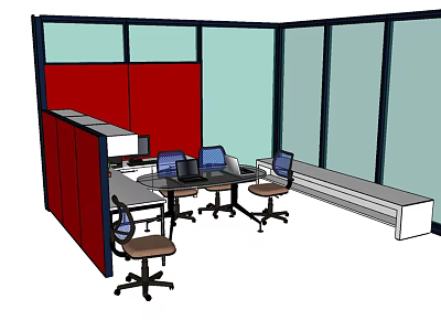 Modern Office Workspace With Multiple Desks Office Chairs Red Partition And Glass Walls 3d model