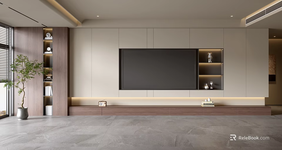 Modern Minimalist TV Wall Design With Light Colored Cabinets Large Screen And Wooden Accents 3d model 